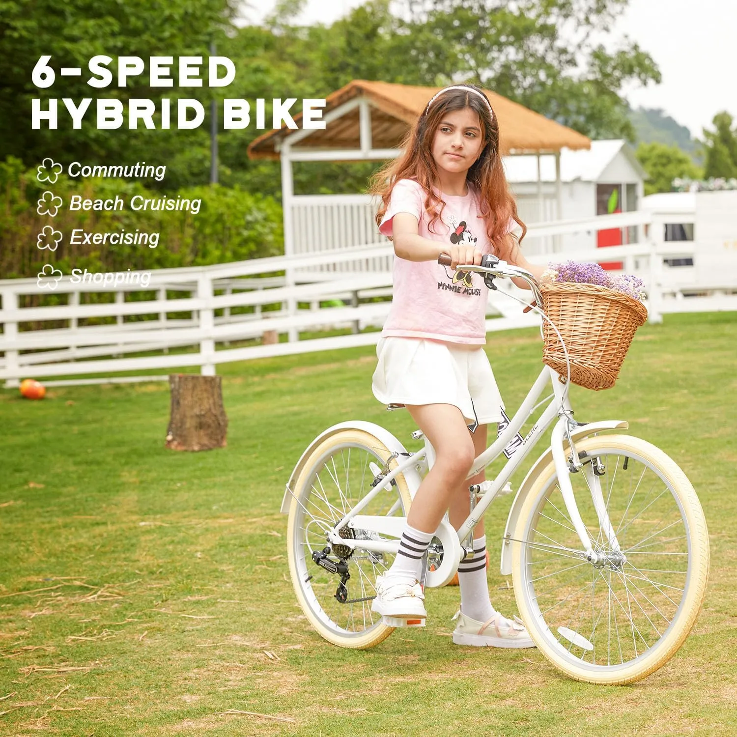 20 24 26 Inch Beach Cruiser Bike, 6-Speed Hybrid City Bicycle for Girls Youth and Over 6 Years Old, Missy Bike with Wicker Basket & Lightweight, Multiple Colors