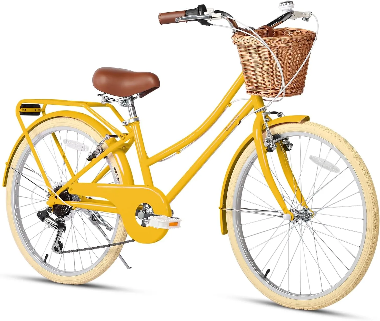 20 24 26 Inch Beach Cruiser Bike, 6-Speed Hybrid City Bicycle for Girls Youth and Over 6 Years Old, Missy Bike with Wicker Basket & Lightweight, Multiple Colors