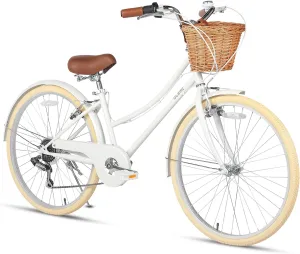 20 24 26 Inch Beach Cruiser Bike, 6-Speed Hybrid City Bicycle for Girls Youth and Over 6 Years Old, Missy Bike with Wicker Basket & Lightweight, Multiple Colors