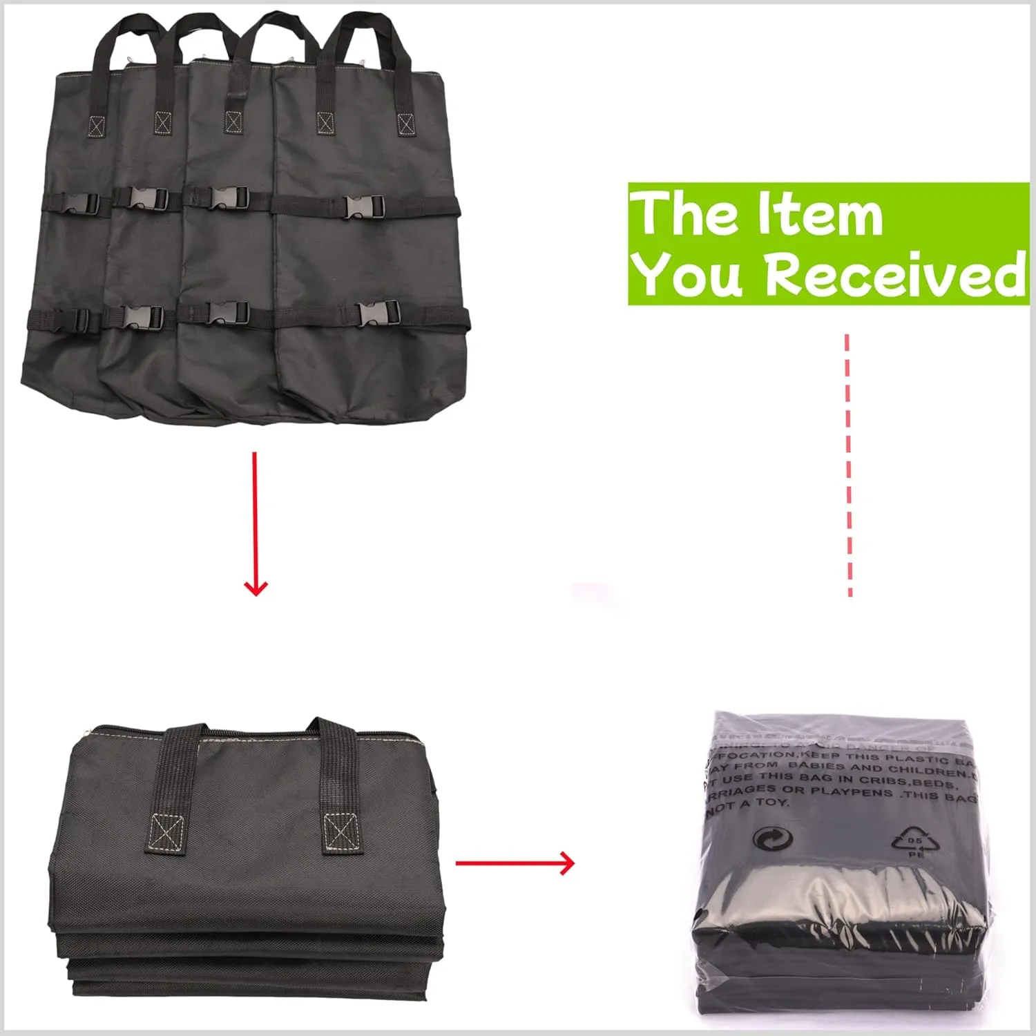 200 LBS Extra Large Sand Bags for Canopy Legs (Without Sand), Buckle Straps and Zipper Top Sandbags for Weight Set of 4 (Black)