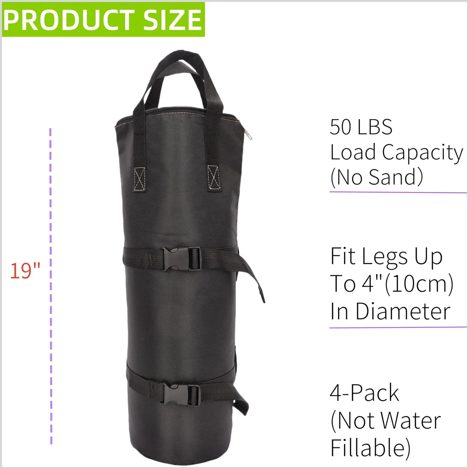 200 LBS Extra Large Sand Bags for Canopy Legs (Without Sand), Buckle Straps and Zipper Top Sandbags for Weight Set of 4 (Black)