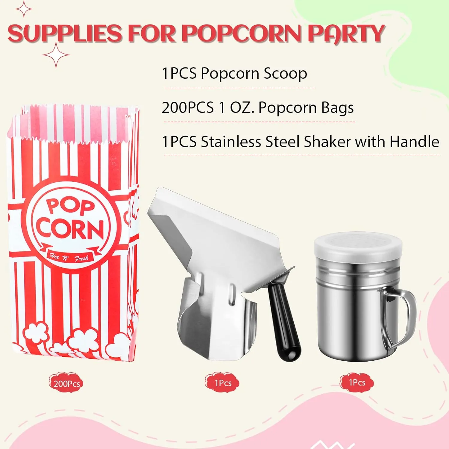 202 Pcs Popcorn Bags with Popcorn Scoop and Salt Shaker,1 oz Small Pop Corn Bags Popcorn Bags Individual Servings for Popcorn Machine Supplies Party Movie Night Theater