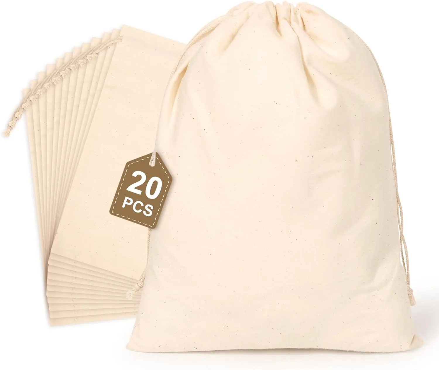 20PCS Cotton Produce Bags, 8X10inch Reusable Muslin Storage Bags with Drawstrings, Natural Cotton Bags, Washable, Biodegradable Linen Bag, Cloth Bags