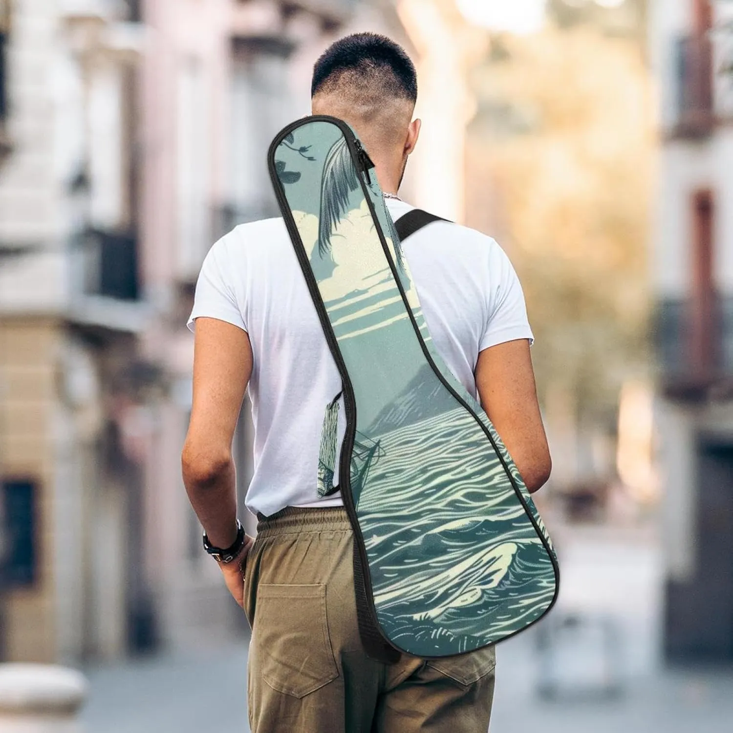 23 Inch Concert Ukulele Case Sea Nautical Marine Navy Vacation Landscape Ukulele Padded Bag with Storage and Shoulder Straps