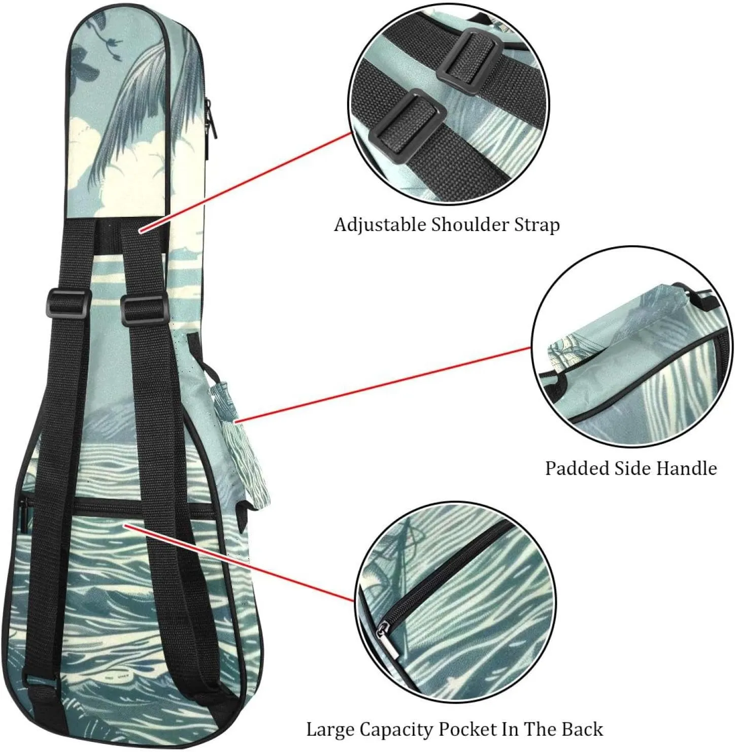 23 Inch Concert Ukulele Case Sea Nautical Marine Navy Vacation Landscape Ukulele Padded Bag with Storage and Shoulder Straps