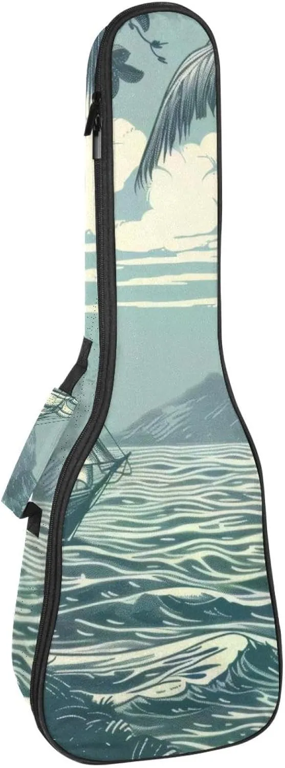23 Inch Concert Ukulele Case Sea Nautical Marine Navy Vacation Landscape Ukulele Padded Bag with Storage and Shoulder Straps