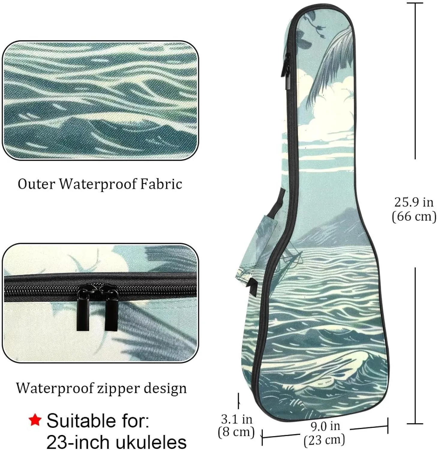 23 Inch Concert Ukulele Case Sea Nautical Marine Navy Vacation Landscape Ukulele Padded Bag with Storage and Shoulder Straps