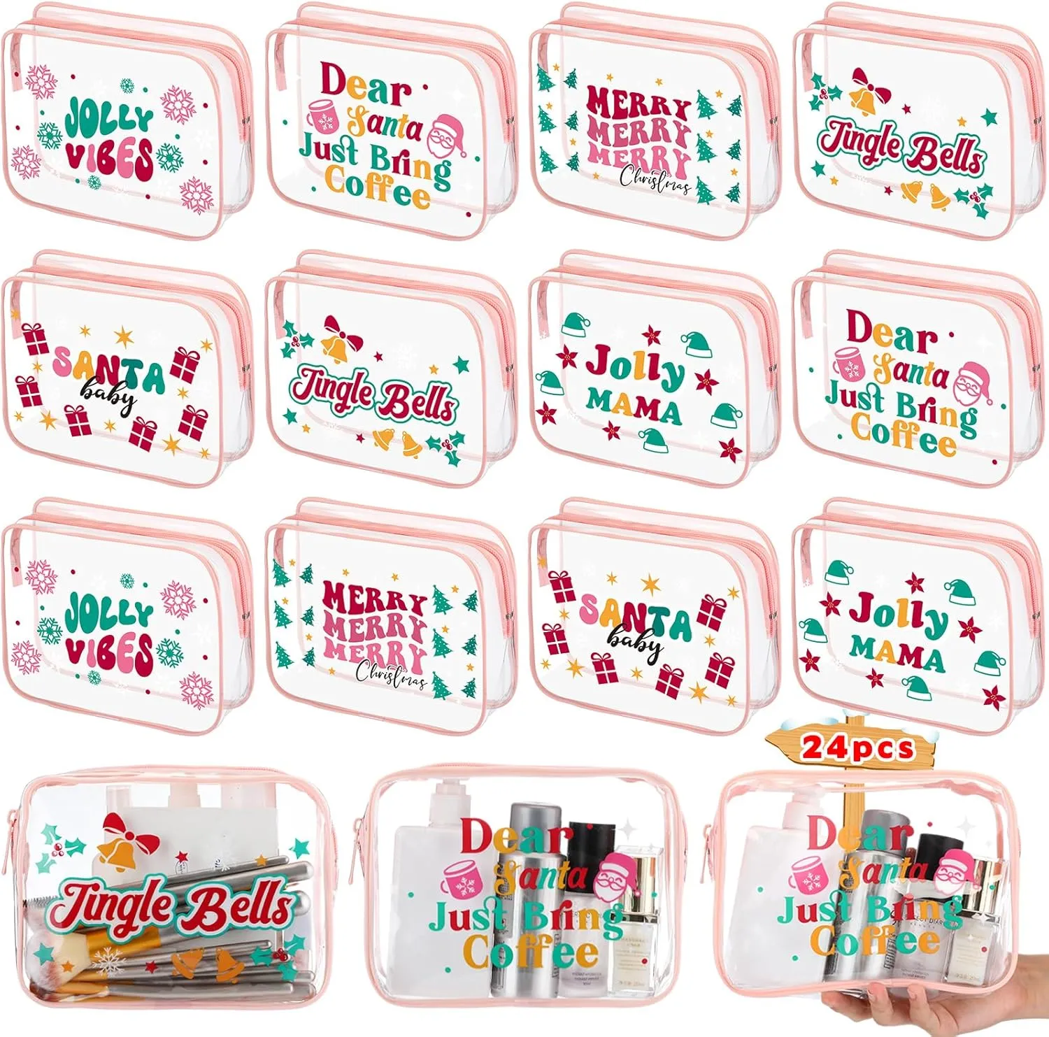 24 Pcs Christmas Makeup Bags Bulk Xmas Clear Waterproof Toiletry Bags with Zipper PVC Cosmetic Bags Multipurpose Travel Pouch Organizer Holiday Gift for Family Friends Schoolmates, 6 Style