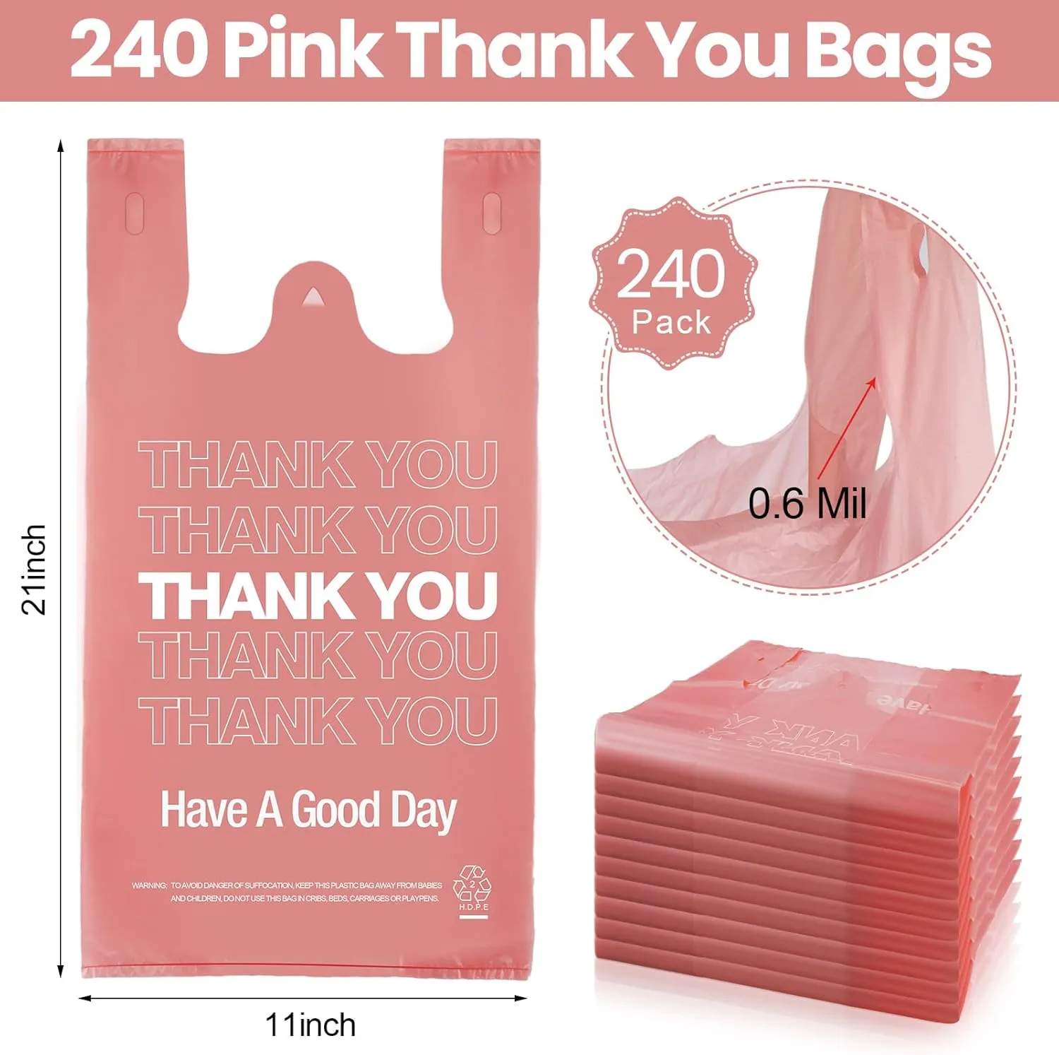 240 Pcs Thank You Plastic Bags Bulk Thank You Shopping Grocery T-shirt Bags with Handles for Small Business, Retails, Take Out, Supermarket, Restaurant, 11 x 6 x 21 Inch, 0.6 Mil(Pink)