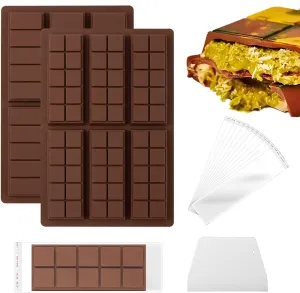 2pcs Dubai Deep Chocolate Bar Molds, Long Strip And Square Premium Silicone Chocolate Mould with 100pcs Bags And Plastic Scraper Chocolate Bar Candy Molds DIY Practical Accessories