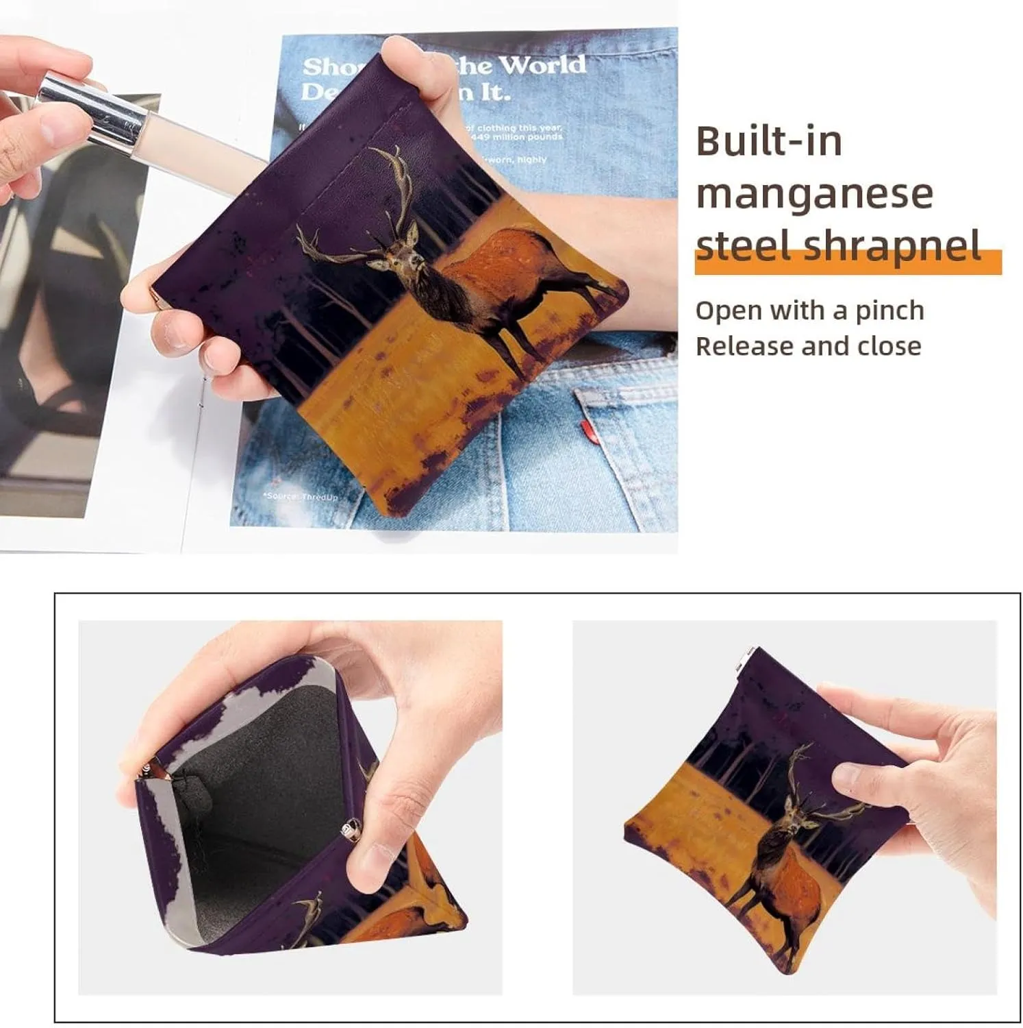 2Pcs Faux Leather Makeup Bag for Purse, Small Makeup Bag for Purse, Portable Travel Makeup Bag for Women, Multi-functional Shrapnel Storage Bag, Elk Animal