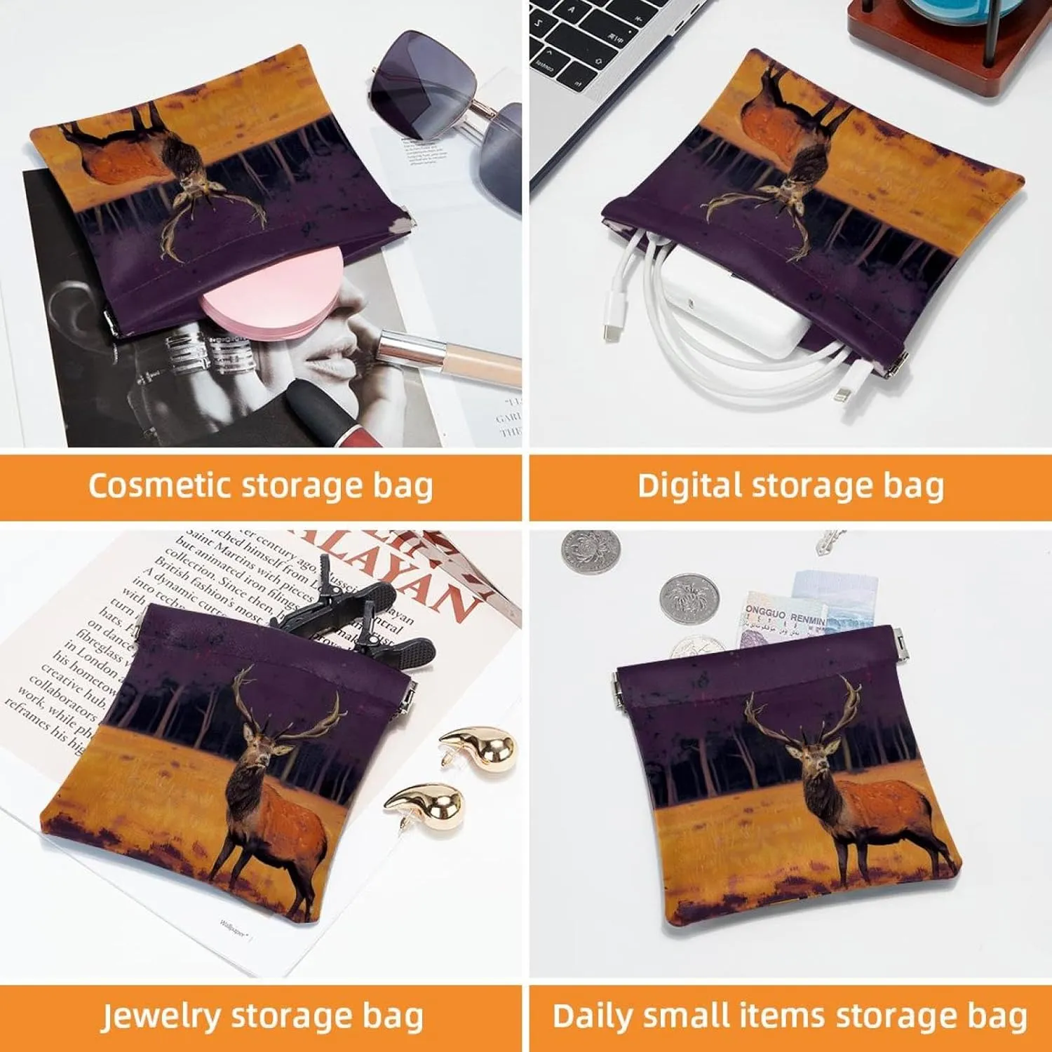 2Pcs Faux Leather Makeup Bag for Purse, Small Makeup Bag for Purse, Portable Travel Makeup Bag for Women, Multi-functional Shrapnel Storage Bag, Elk Animal