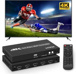 2x2 HDMI 4K Video Wall Controller with Media Player Function,4K@30HZ TV Wall Processor, 8 Display Modes 1x1 1x2 1x3 1x4 2x2 2x1 3x1 4x1 with Remote Control, 180°Rotate,with for 4x1-1 HDMI Input/Output