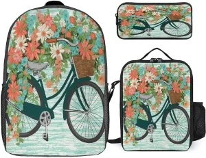 3 in 1 Backpack Set Bicycle with Flower Print Casual Backpack Set Small Cosmetic Bag Travel Daypack Crossbody Lunch Bag Coin Purse Set