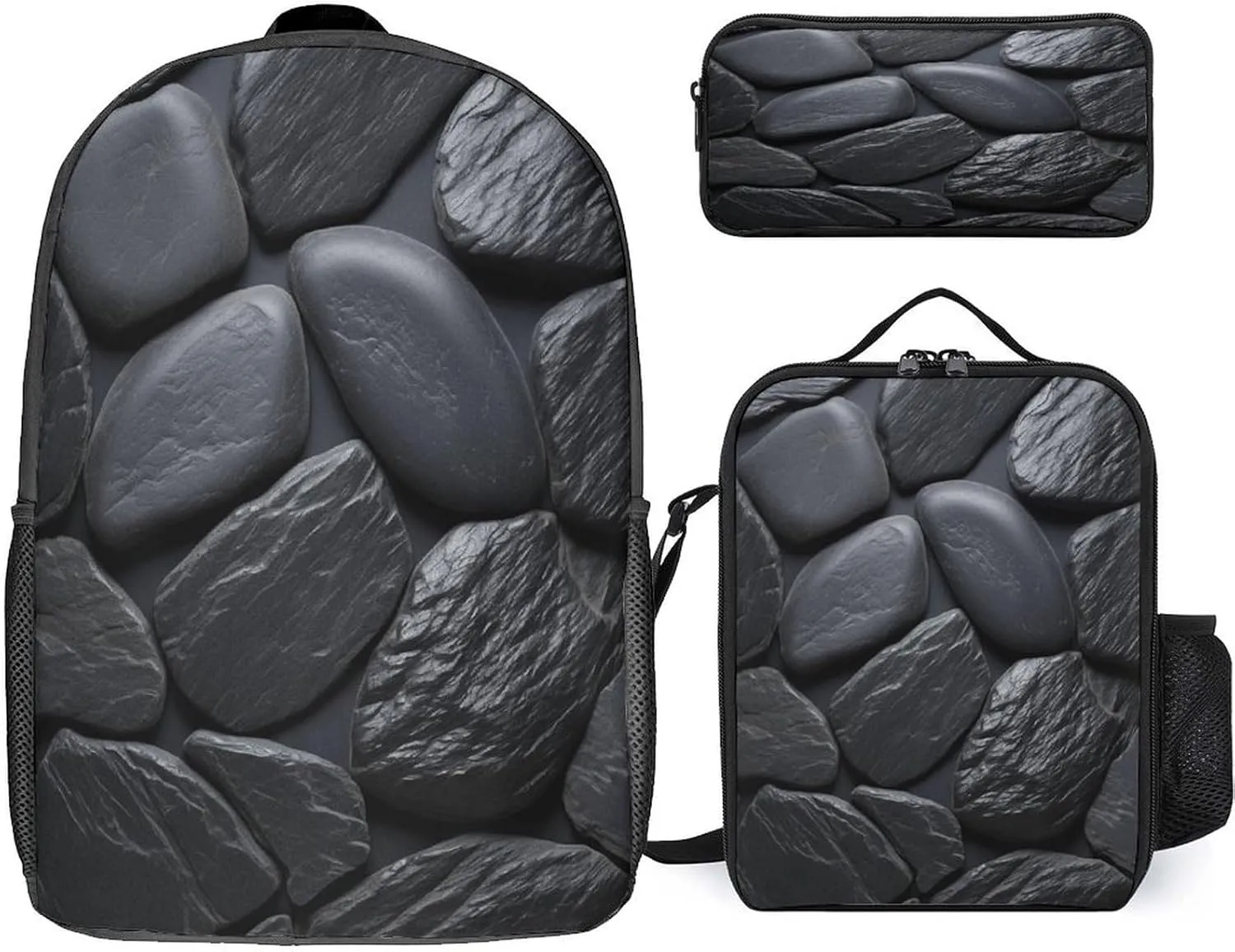 3 in 1 Backpack Set Black Stone Print Casual Backpack Set Small Cosmetic Bag Travel Daypack Crossbody Lunch Bag Coin Purse Set