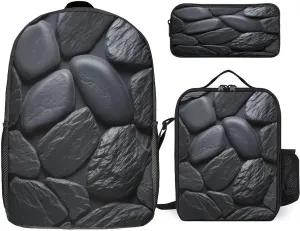 3 in 1 Backpack Set Black Stone Print Casual Backpack Set Small Cosmetic Bag Travel Daypack Crossbody Lunch Bag Coin Purse Set