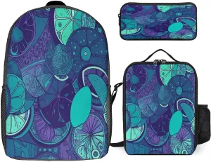 3 in 1 Backpack Set Blue Teal Lemon Print Casual Backpack Set Small Cosmetic Bag Travel Daypack Crossbody Lunch Bag Coin Purse Set