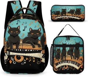 3 In 1 Backpack Set Cats Lying on The Piano Print Casual Backpack Sets Small Cosmetic Bag Travel Daypack Lunch Bag Coin Purse Set