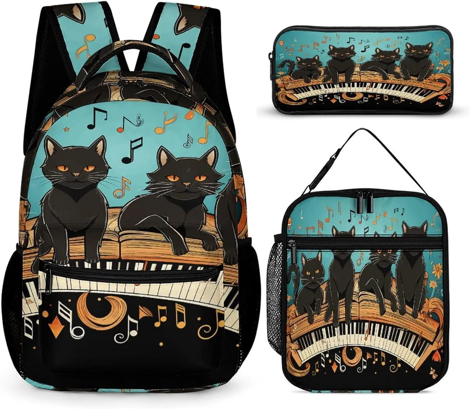 3 In 1 Backpack Set Cats Lying on The Piano Print Casual Backpack Sets Small Cosmetic Bag Travel Daypack Lunch Bag Coin Purse Set