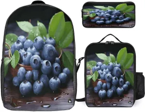 3 in 1 Backpack Set Delicious Blueberries Print Casual Backpack Set Small Cosmetic Bag Travel Daypack Crossbody Lunch Bag Coin Purse Set
