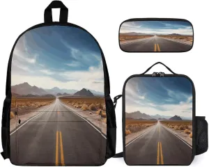 3 in 1 Backpack Set Desert Landscape Highway Print Casual Backpack Set Small Cosmetic Bag Travel Daypack Crossbody Lunch Bag Coin Purse Set