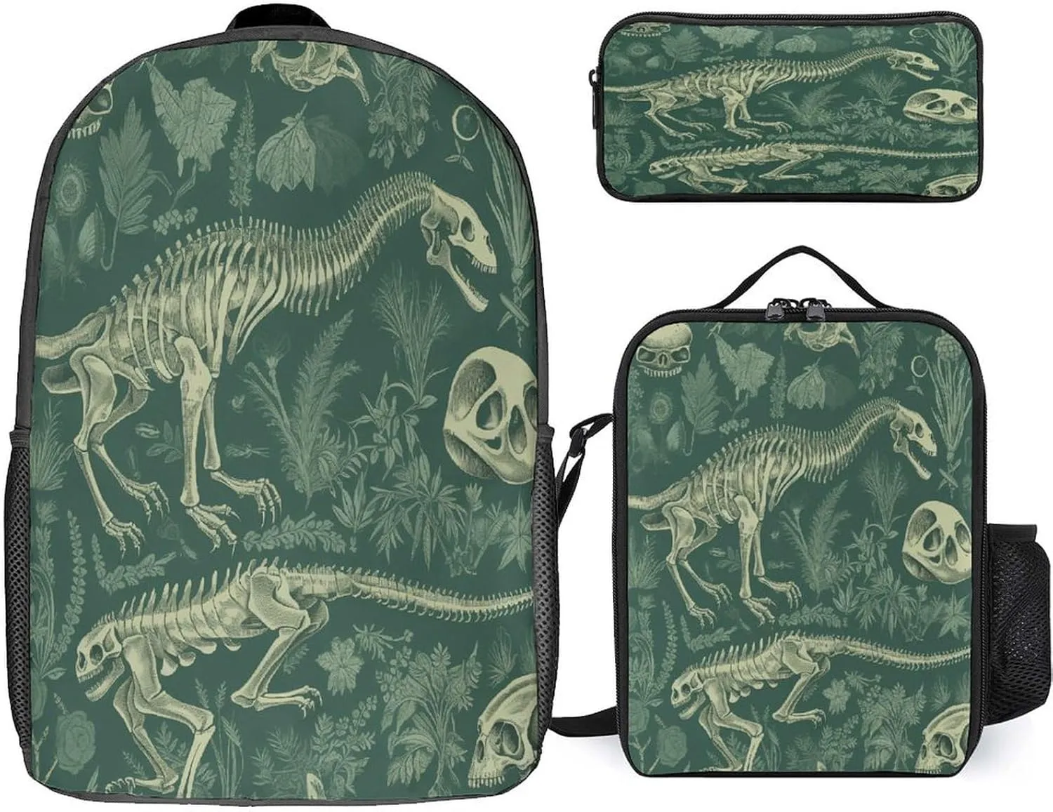 3 in 1 Backpack Set Dinosaur Skeleton Print Casual Backpack Set Small Cosmetic Bag Travel Daypack Crossbody Lunch Bag Coin Purse Set