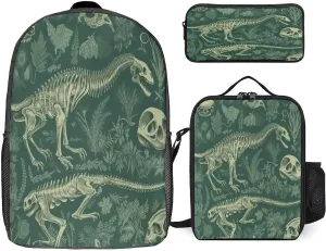 3 in 1 Backpack Set Dinosaur Skeleton Print Casual Backpack Set Small Cosmetic Bag Travel Daypack Crossbody Lunch Bag Coin Purse Set