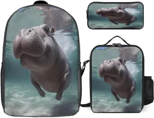 3 in 1 Backpack Set Diving Hippo Print Casual Backpack Set Small Cosmetic Bag Travel Daypack Crossbody Lunch Bag Coin Purse Set