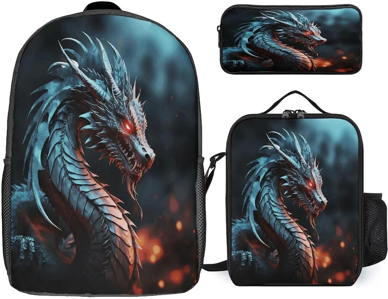 3 in 1 Backpack Set Dragon Print Casual Backpack Set Small Cosmetic Bag Travel Daypack Crossbody Lunch Bag Coin Purse Set