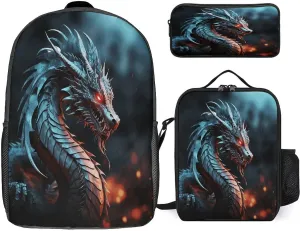 3 in 1 Backpack Set Dragon Print Casual Backpack Set Small Cosmetic Bag Travel Daypack Crossbody Lunch Bag Coin Purse Set