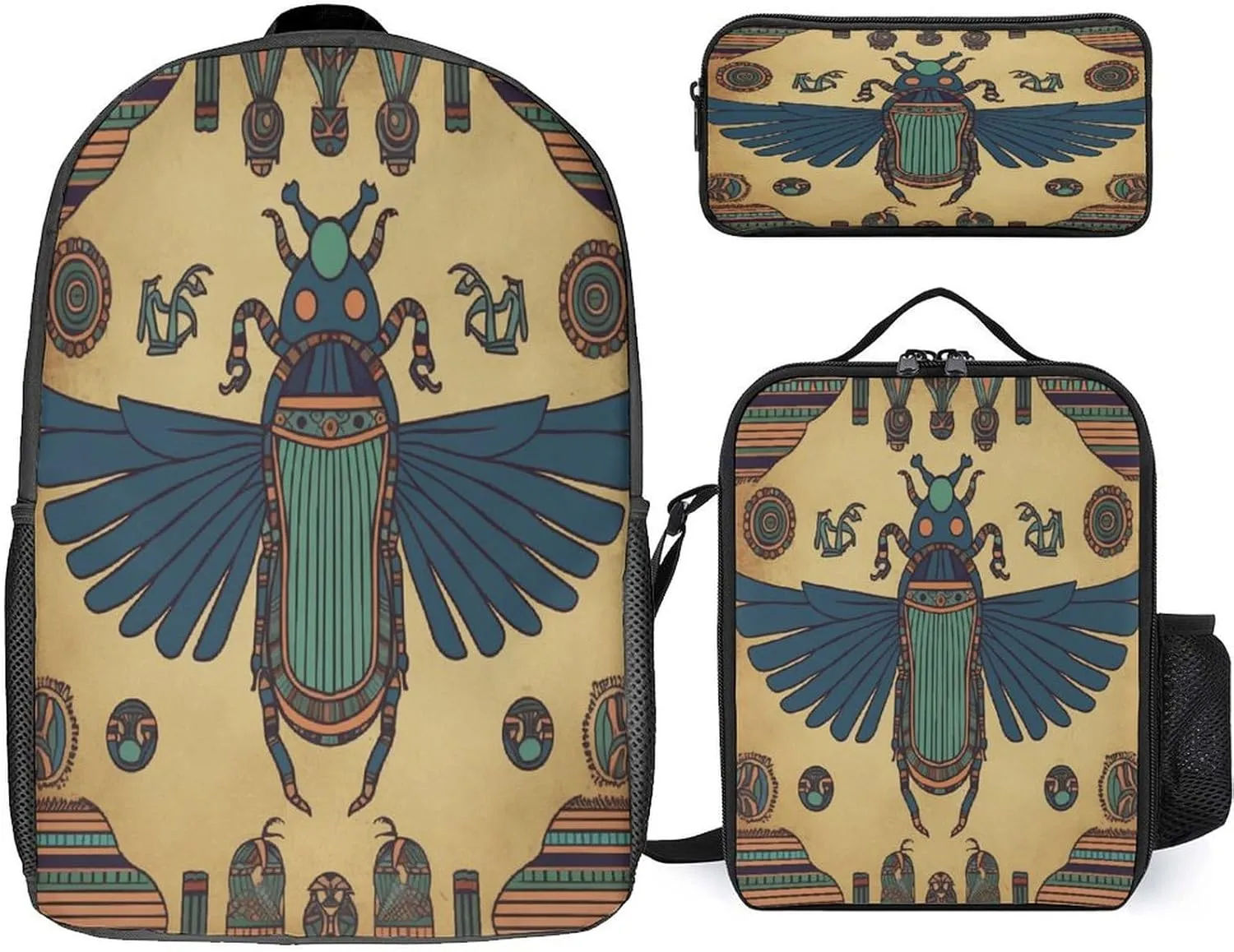 3 in 1 Backpack Set Egyptian Scarab Print Casual Backpack Set Small Cosmetic Bag Travel Daypack Crossbody Lunch Bag Coin Purse Set