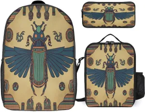 3 in 1 Backpack Set Egyptian Scarab Print Casual Backpack Set Small Cosmetic Bag Travel Daypack Crossbody Lunch Bag Coin Purse Set