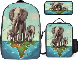 3 in 1 Backpack Set Elephants Print Casual Backpack Set Small Cosmetic Bag Travel Daypack Crossbody Lunch Bag Coin Purse Set