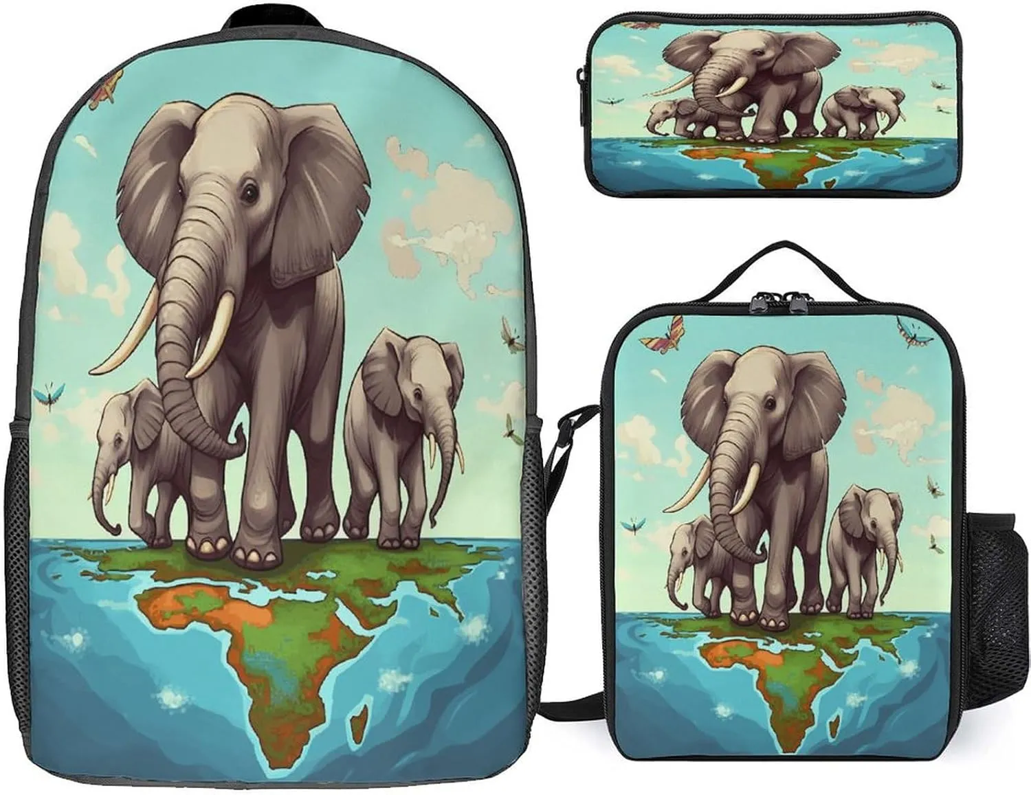 3 in 1 Backpack Set Elephants Print Casual Backpack Set Small Cosmetic Bag Travel Daypack Crossbody Lunch Bag Coin Purse Set