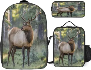 3 in 1 Backpack Set Fall Moose Deer Print Casual Backpack Set Small Cosmetic Bag Travel Daypack Crossbody Lunch Bag Coin Purse Set