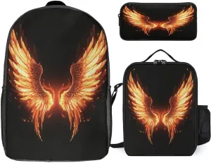 3 in 1 Backpack Set Fire Angle Wings Print Casual Backpack Set Small Cosmetic Bag Travel Daypack Crossbody Lunch Bag Coin Purse Set