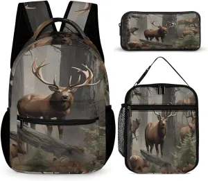3 In 1 Backpack Set Hunting Deer Bear Elk Print Casual Backpack Sets Small Cosmetic Bag Travel Daypack Lunch Bag Coin Purse Set