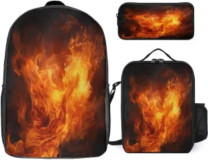 3 in 1 Backpack Set Roaring Flame Print Casual Backpack Set Small Cosmetic Bag Travel Daypack Crossbody Lunch Bag Coin Purse Set