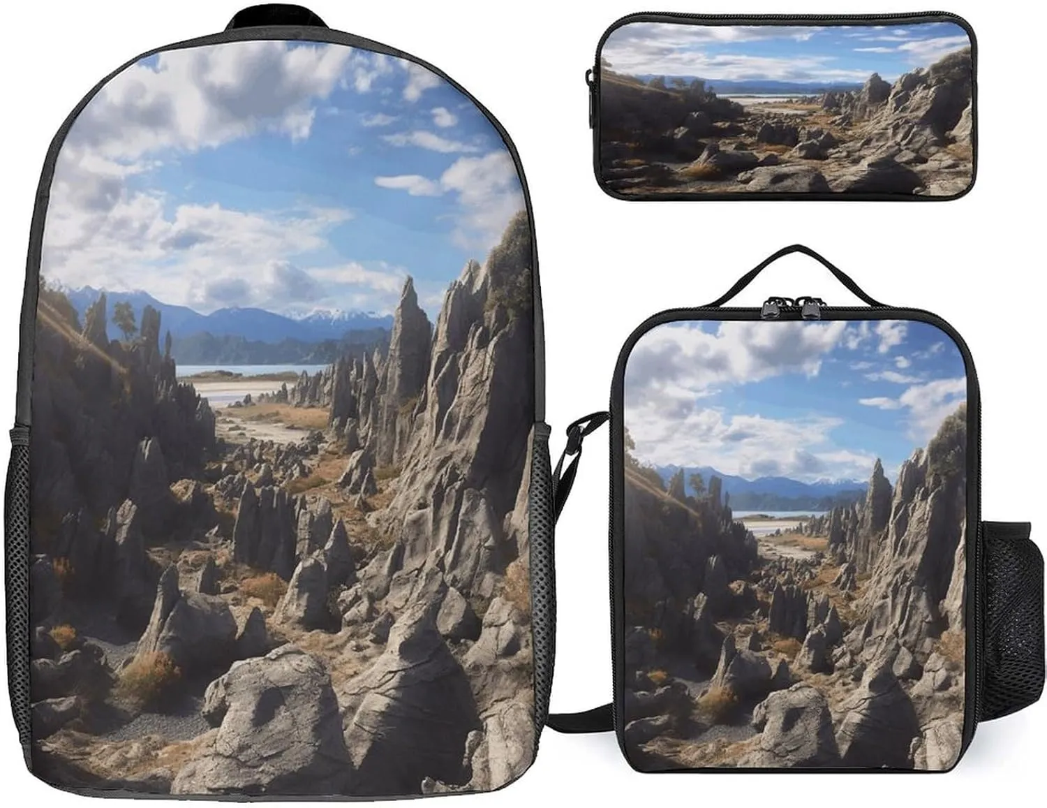 3 in 1 Backpack Set Rocks Scenic Print Casual Backpack Set Small Cosmetic Bag Travel Daypack Crossbody Lunch Bag Coin Purse Set