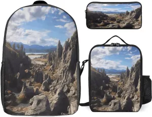 3 in 1 Backpack Set Rocks Scenic Print Casual Backpack Set Small Cosmetic Bag Travel Daypack Crossbody Lunch Bag Coin Purse Set