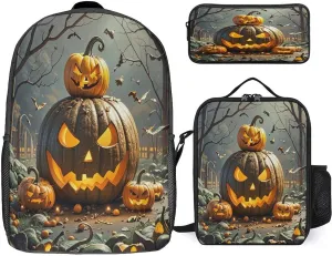 3 in 1 Backpack Set Scary Pumpkin Print Casual Backpack Set Small Cosmetic Bag Travel Daypack Crossbody Lunch Bag Coin Purse Set