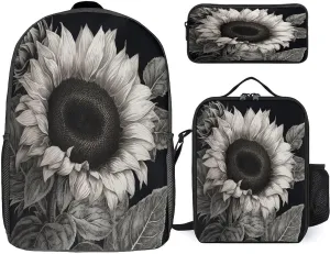 3 in 1 Backpack Set Sunflower Black Grey Print Casual Backpack Set Small Cosmetic Bag Travel Daypack Crossbody Lunch Bag Coin Purse Set