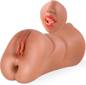 3 in 1 Pocket Pussy Lifelike Male Masturbator, Brown Thick Meaty Male Sex Toy Realistic Masturbator with 3D Textured Pussy and Tight Butt, Blowjob Stroker Dual Open Ended Adult Toys