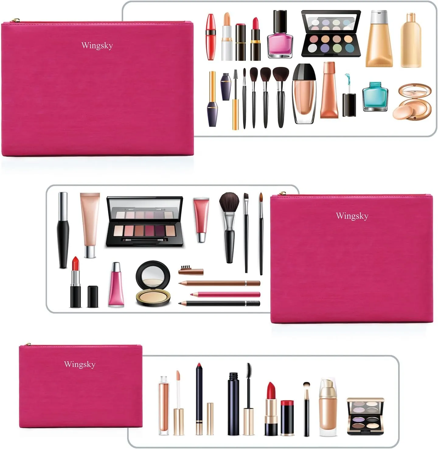 3 Pack Makeup Bag Set, Cosmetic Pouches for Purse, Portable and Stylish Travel Toiletry Bags for Women, Travel Cosmetic Bags for Women (C Rose Red, 12.6x9 inch)