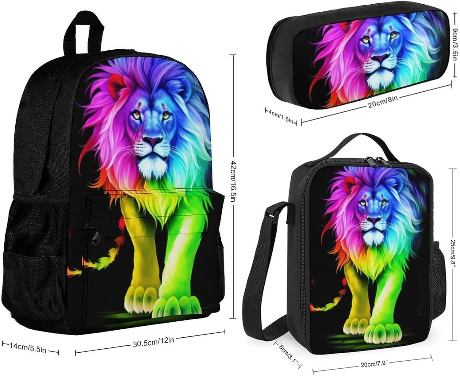 3 Piece Daypack Big Capacity Shoulder Bag Backpack for Travel Running - Cool Lion Colorful Fire Surreal Style Art, Adult, Travel Sport Backpack