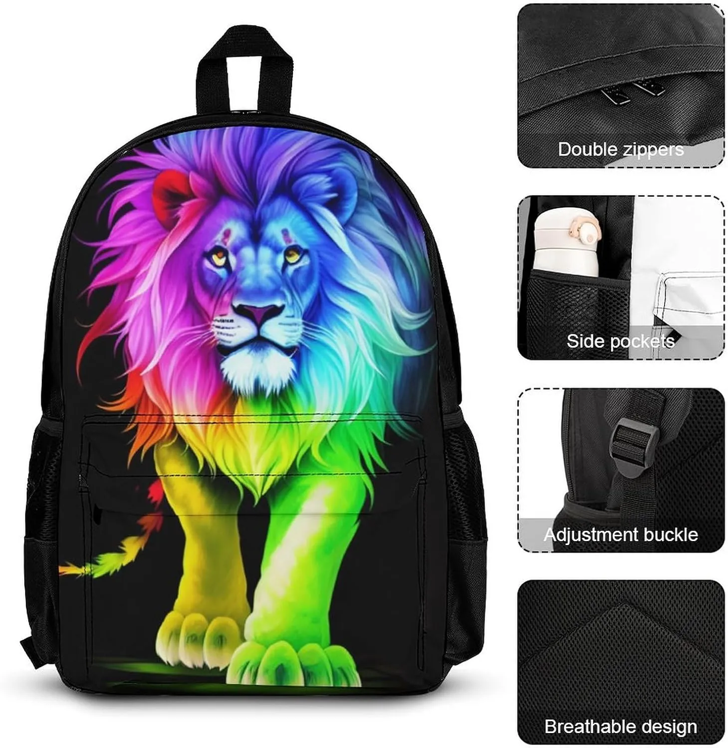 3 Piece Daypack Big Capacity Shoulder Bag Backpack for Travel Running - Cool Lion Colorful Fire Surreal Style Art, Adult, Travel Sport Backpack