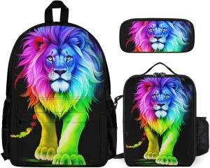 3 Piece Daypack Big Capacity Shoulder Bag Backpack for Travel Running - Cool Lion Colorful Fire Surreal Style Art, Adult, Travel Sport Backpack