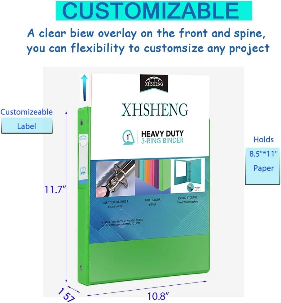 3 Ring Binders,1“ Slant D Ring Biner,One Touch Open D Ring,View Binders with Interior Pockets,Colorful,6 Pack