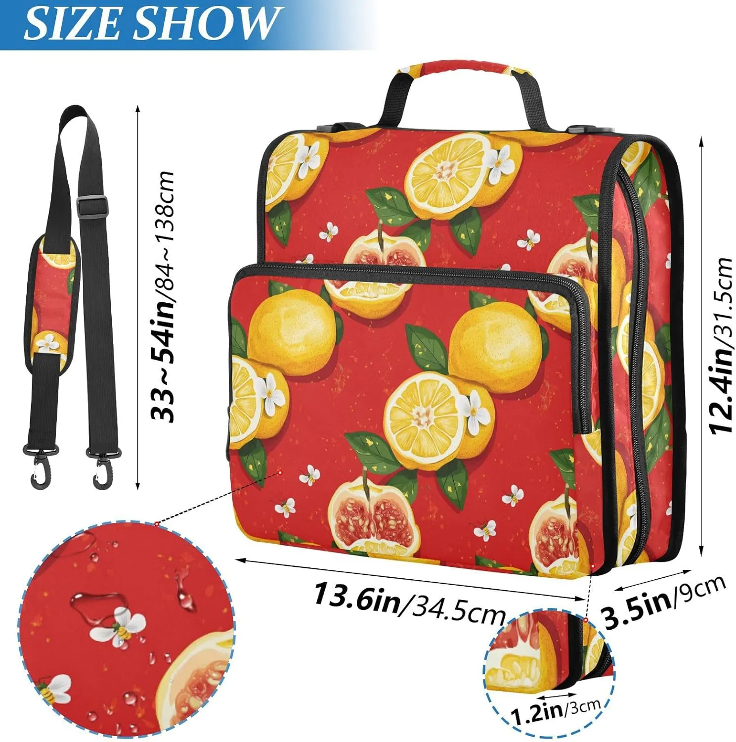 3 Rings 1.5 inch Organizer Binder with Handle and Removable Shoulder Strap Includes Zip Pocket Document Binder Organizer for Middle Student Cartoon Yuzu Fruit