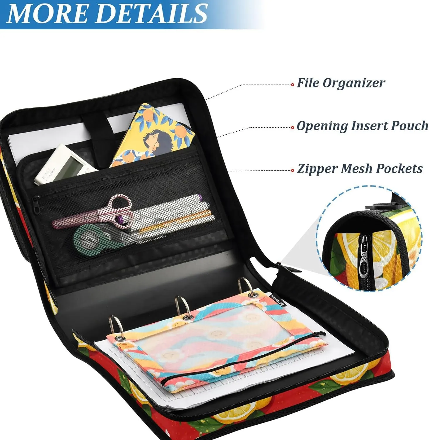 3 Rings 1.5 inch Organizer Binder with Handle and Removable Shoulder Strap Includes Zip Pocket Document Binder Organizer for Middle Student Cartoon Yuzu Fruit